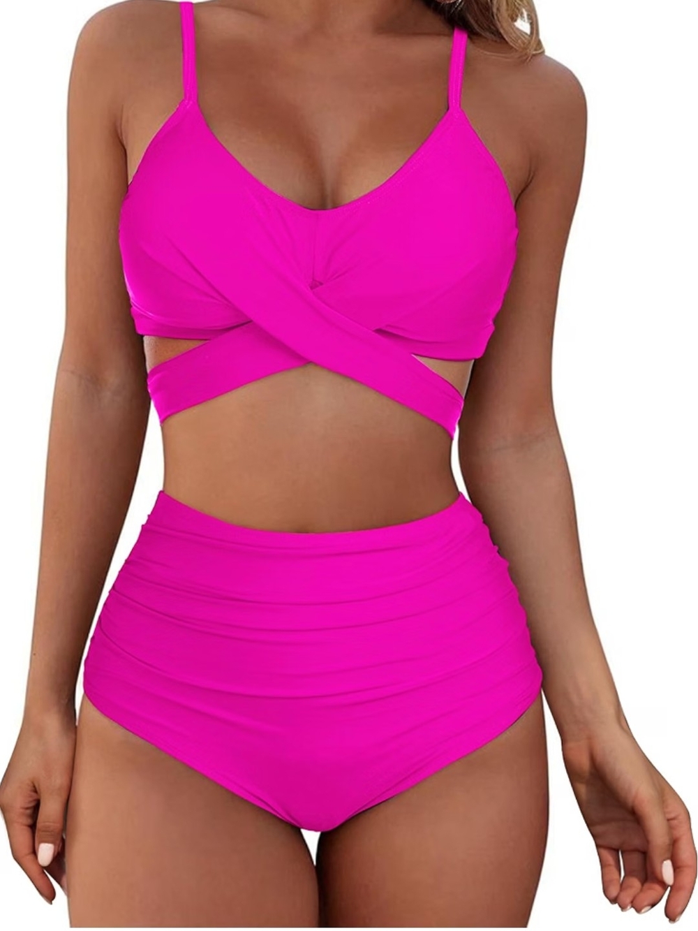 Women’s High-Waist Tummy Control Crisscross Bikini Set - Hot Pink